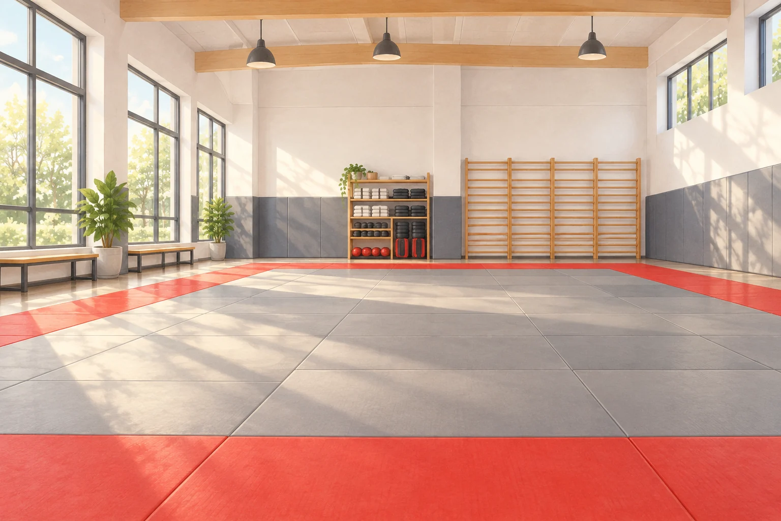 Gaiša džudo zāle ar sporta tatami segumu.
