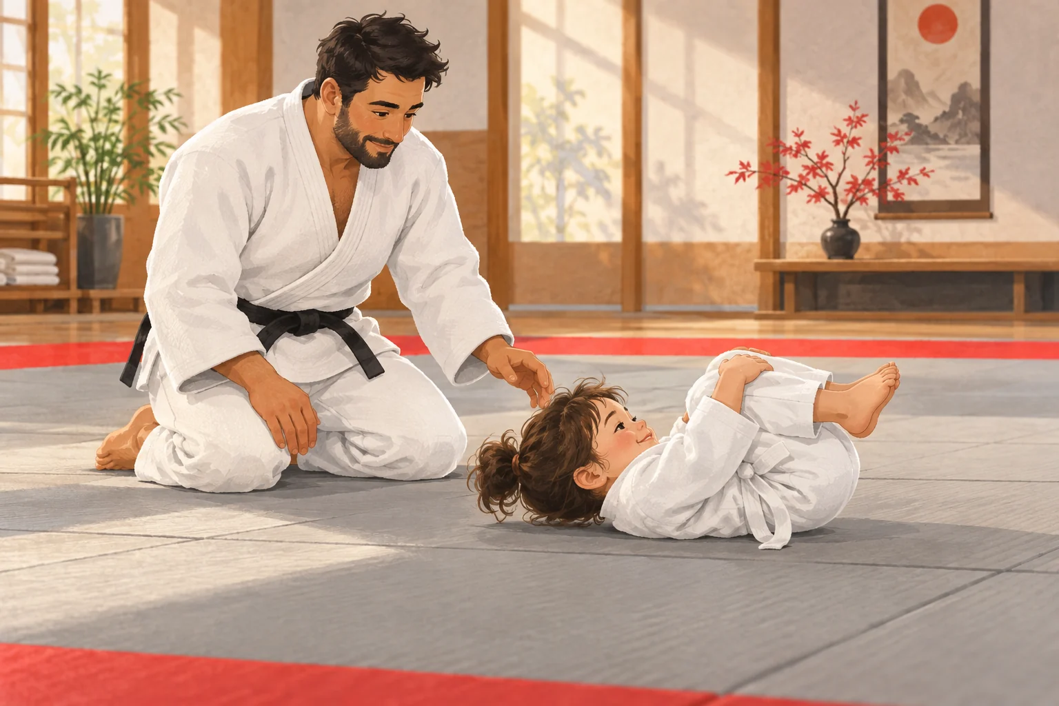 Treneris blakus bērnam, mācoties uz tatami.