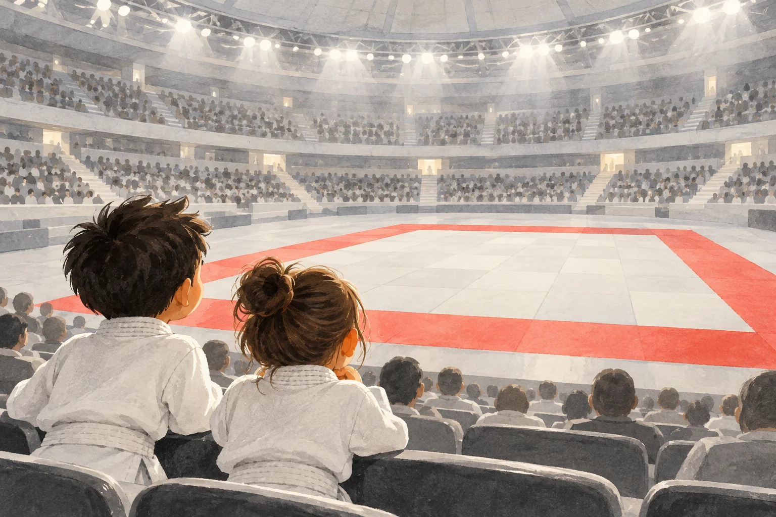 Sporta arēnas ilustrācija ar tatami lielām džudo sacensībām.